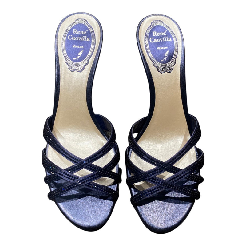 second-hand RENE CAOVILLA navy satin sandal heels with crystals | Size 37