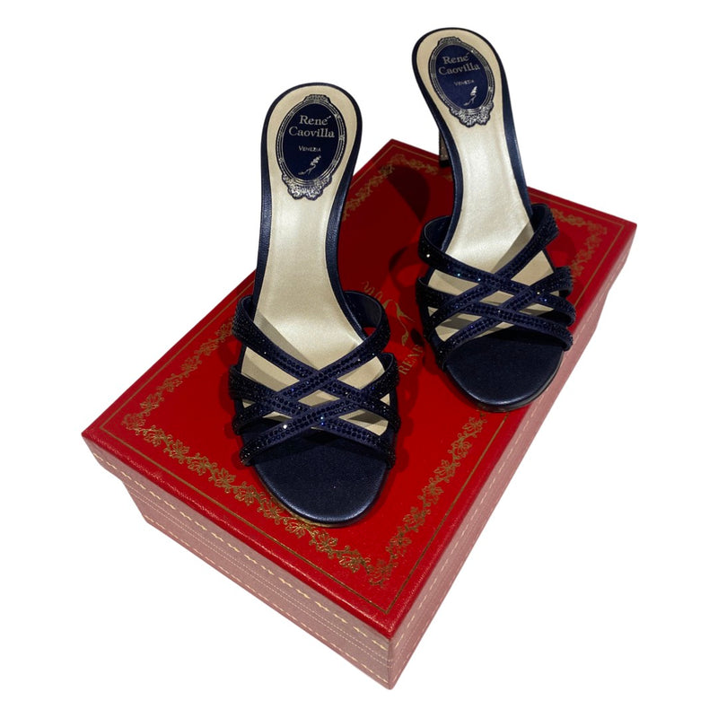 RENE CAOVILLA navy leather sandal heels with crystals | Size 37