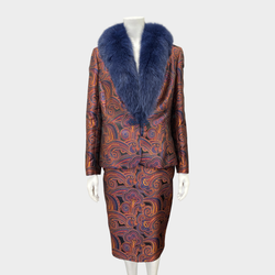 pre-owned GEORGES RECH burgundy and navy abstract print fox fur set of jacket and skirt | Size FR44