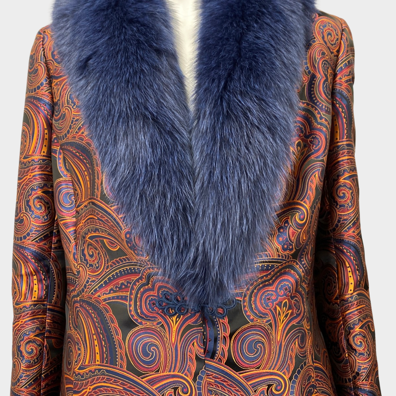 GEORGES RECH burgundy and navy abstract print fox fur set of jacket and skirt | Size FR44