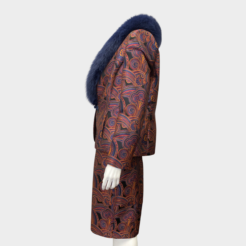 GEORGES RECH burgundy and navy abstract print fox fur set of jacket and skirt | Size FR44