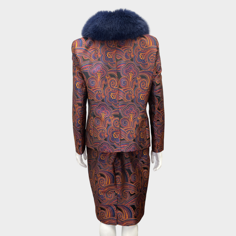 GEORGES RECH burgundy and navy abstract print fox fur set of jacket and skirt | Size FR44