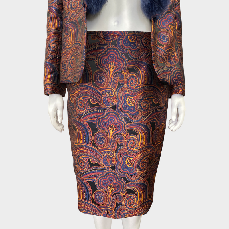GEORGES RECH burgundy and navy abstract print fox fur set of jacket and skirt | Size FR44