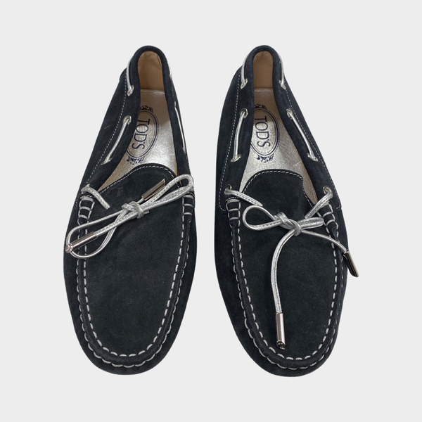 TOD'S dark grey and silver suede moccasins