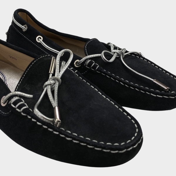 TOD'S dark grey and silver suede moccasins
