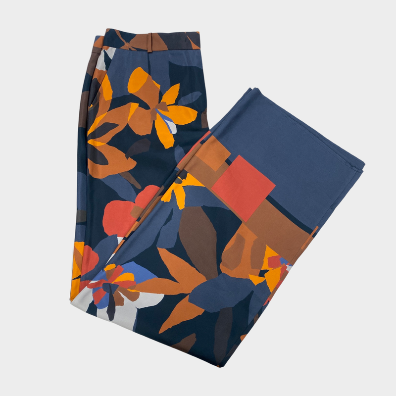 pre-owned LORO PIANA orange and navy floral print silk trousers | Size IT44