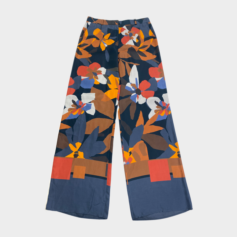 pre-loved LORO PIANA orange and navy floral print silk trousers | Size IT44