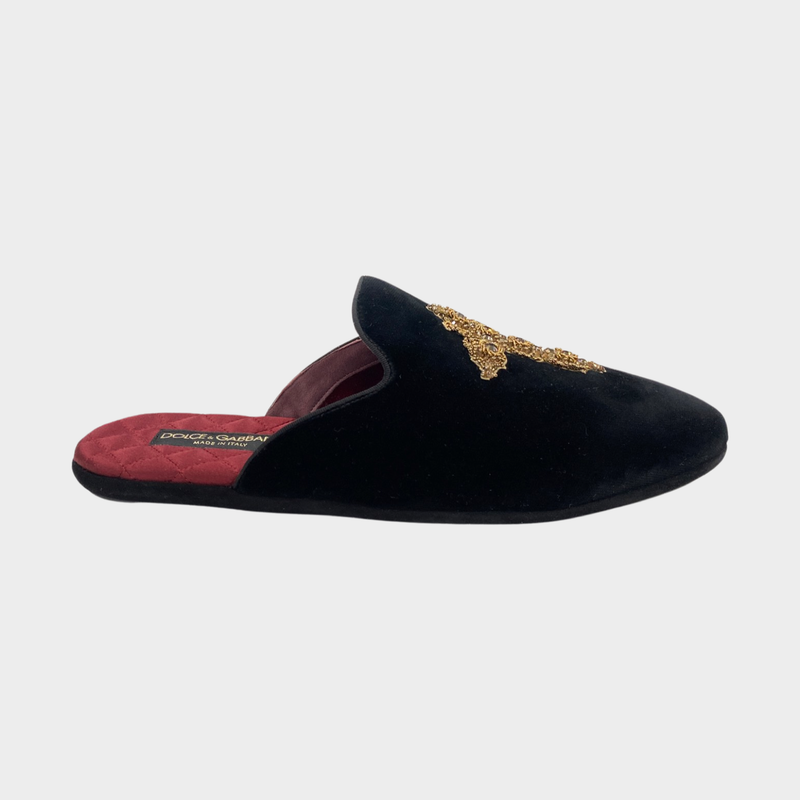 DOLCE&GABBANA black and gold cross motifs crystal-embroidered sling-back loafers