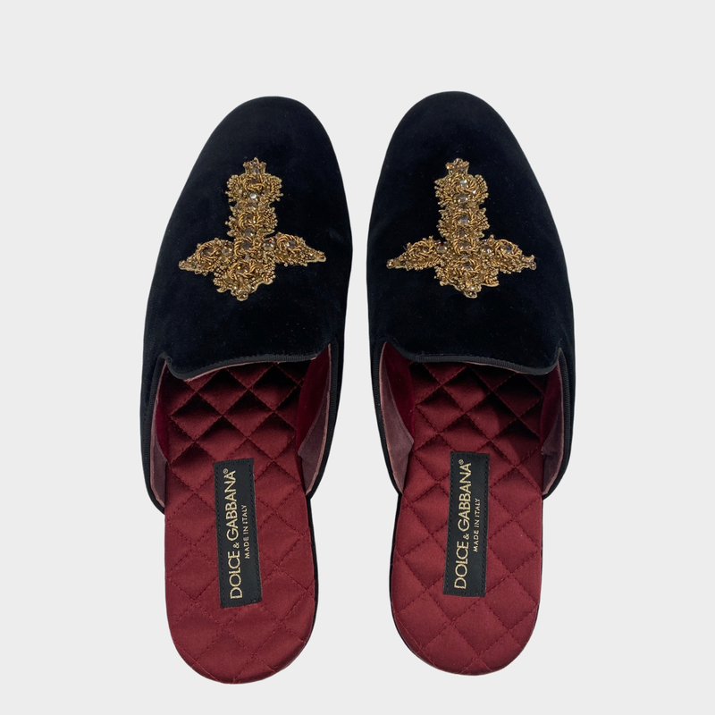 DOLCE&GABBANA black and gold cross motifs crystal-embroidered sling-back loafers