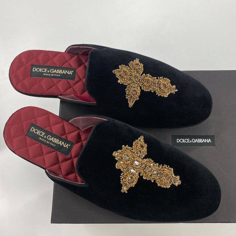 DOLCE&GABBANA black and gold cross motifs crystal-embroidered sling-back loafers
