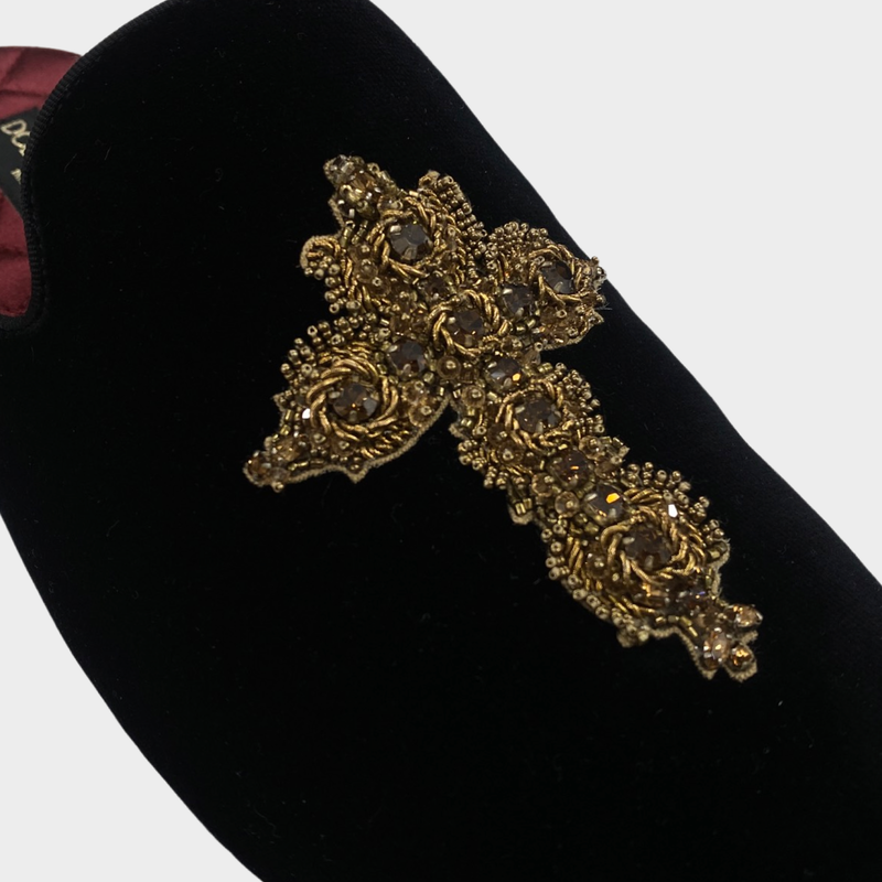 DOLCE&GABBANA black and gold cross motifs crystal-embroidered sling-back loafers