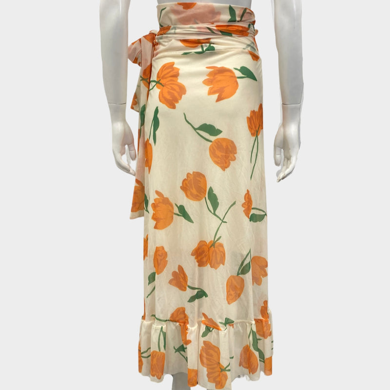 Ganni Ecru Long Wrap Skirt With Orange Tulip Pattern