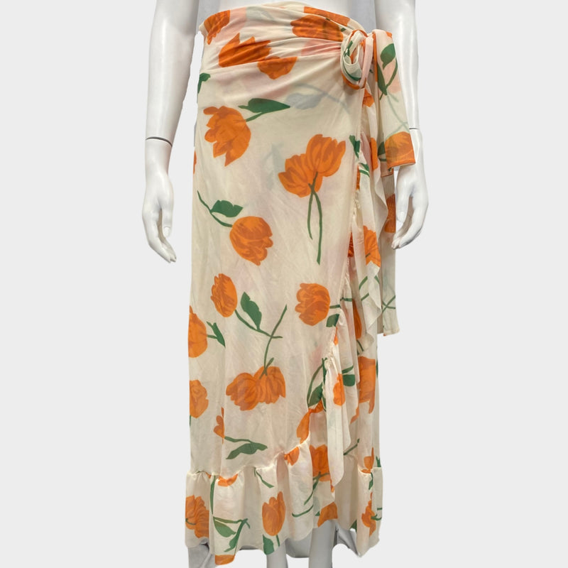 Ganni Ecru Long Wrap Skirt With Orange Tulip Pattern
