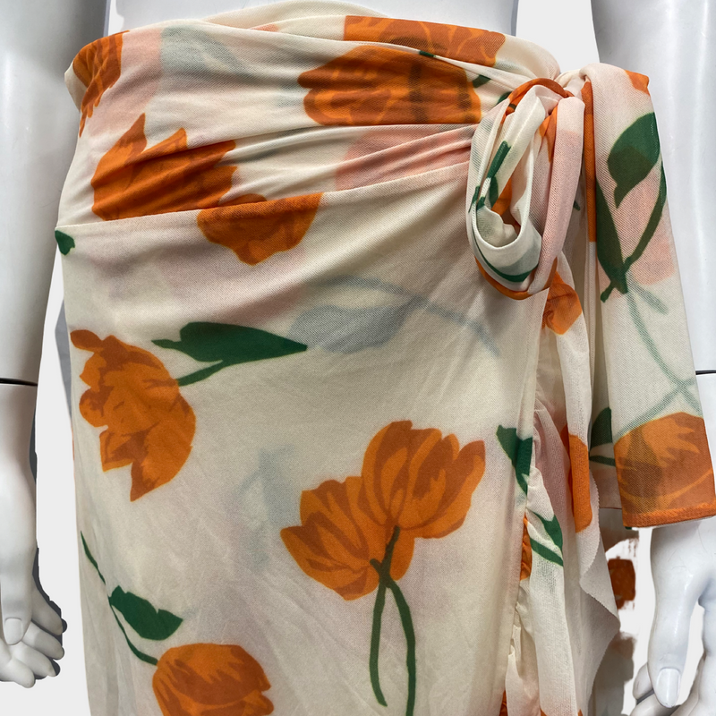 Ganni Ecru Long Wrap Skirt With Orange Tulip Pattern