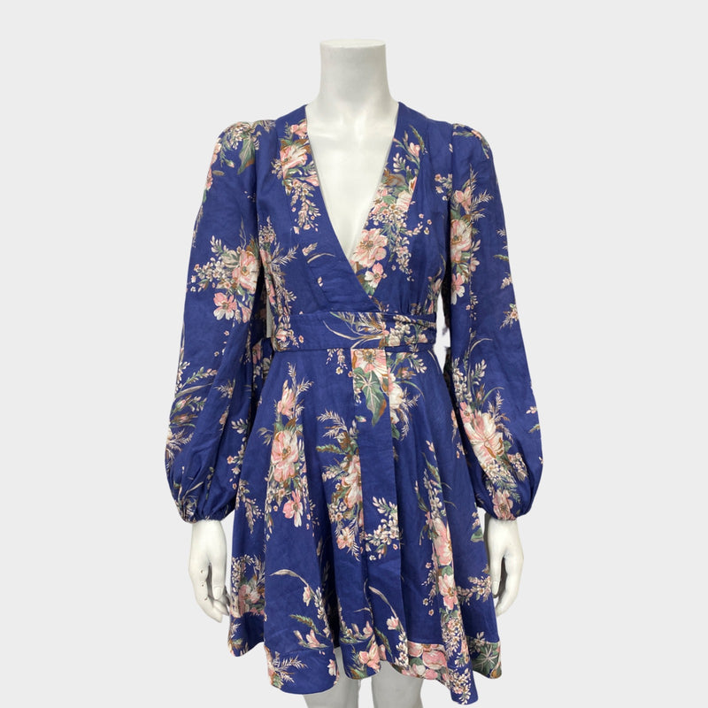 pre-owned ZIMMERMANN blue and pink floral print linen wrapped mini dress