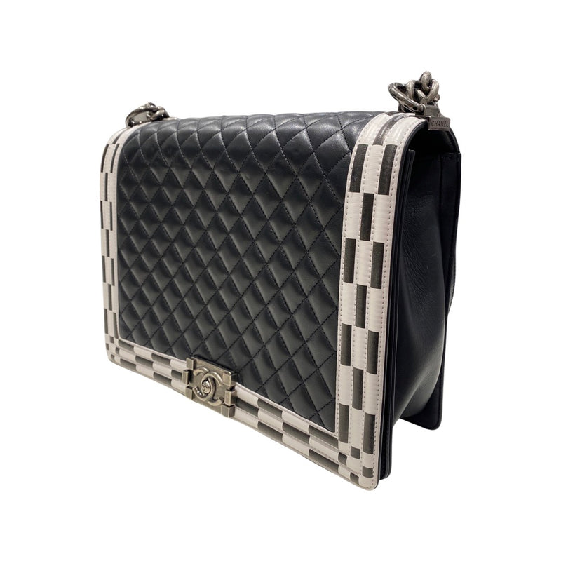 second-hand CHANEL Boy black and white checkerboard large leather bag