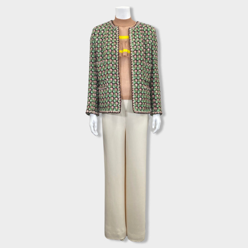 second-hand CHANEL green and rose floral knitted tweed jacket | Size FR40