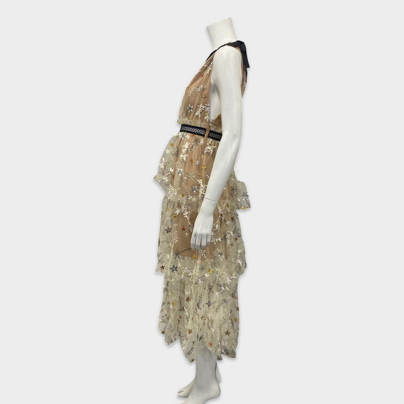 Self-Potrait Nude Polyester Dress With Embroidered Mesh Tiered Overlay