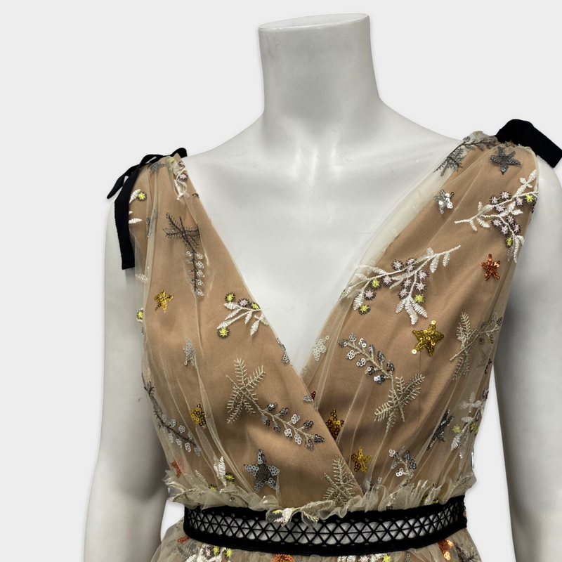 Self-Potrait Nude Polyester Dress With Embroidered Mesh Tiered Overlay