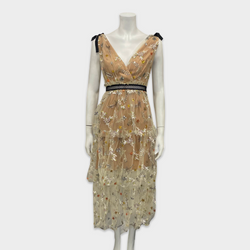 Self-Potrait Nude Polyester Dress With Embroidered Mesh Tiered Overlay