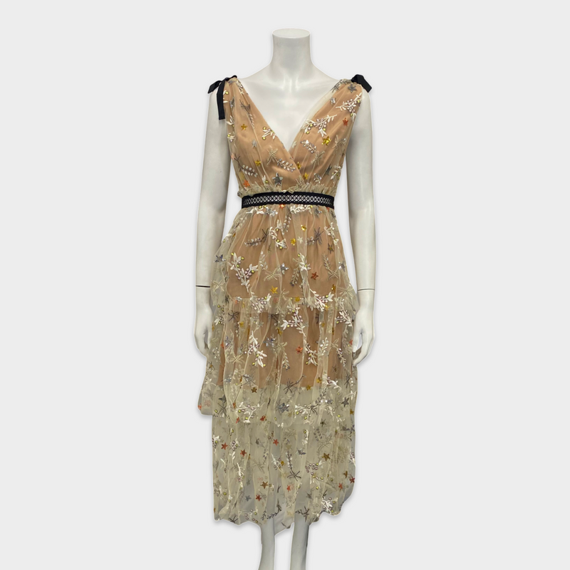 Self-Potrait Nude Polyester Dress With Embroidered Mesh Tiered Overlay
