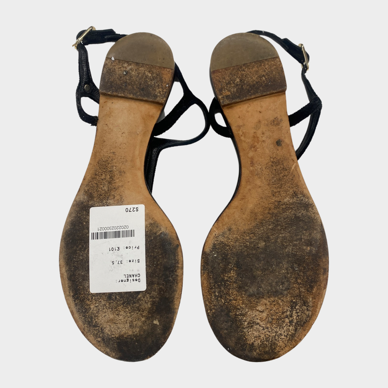 CHANEL black leather and velvet flip flop sandals