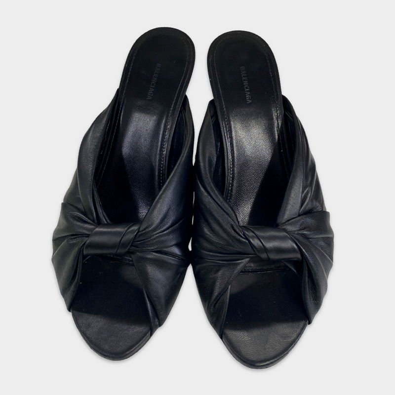 Pre-worn Balenciaga Black Leather Drapy Knot-Front Mules