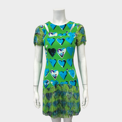VERSACE X H&M green and blue heart print fringed silk mini dress
