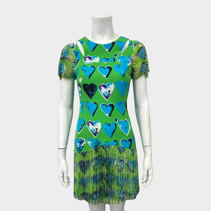 VERSACE X H&M green and blue heart print fringed silk mini dress