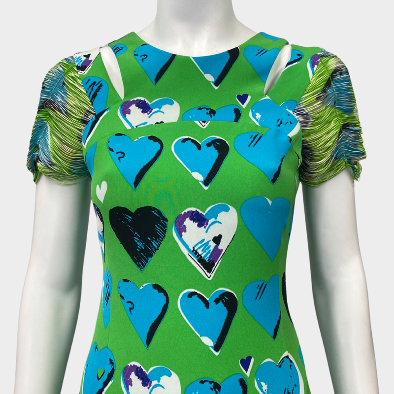 VERSACE X H&M green and blue heart print fringed silk mini dress