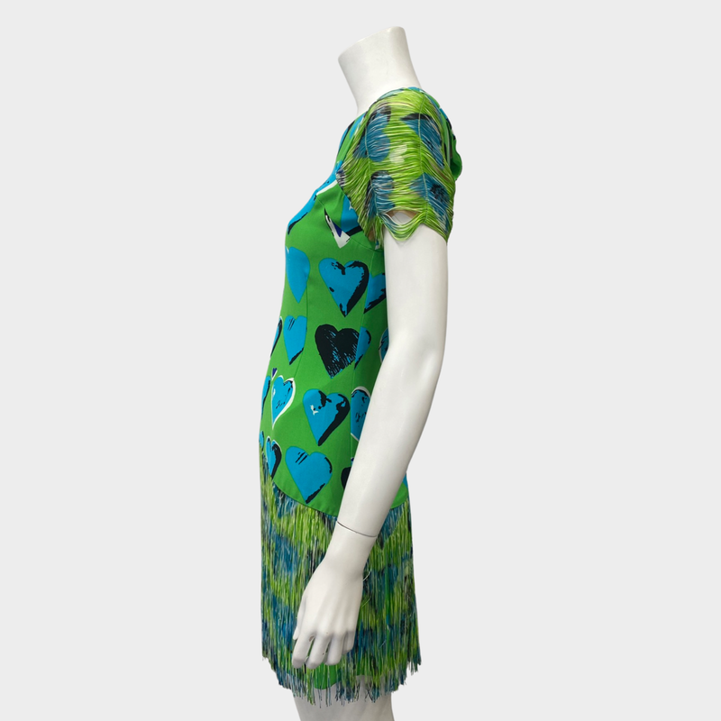 VERSACE X H&M green and blue heart print fringed silk mini dress