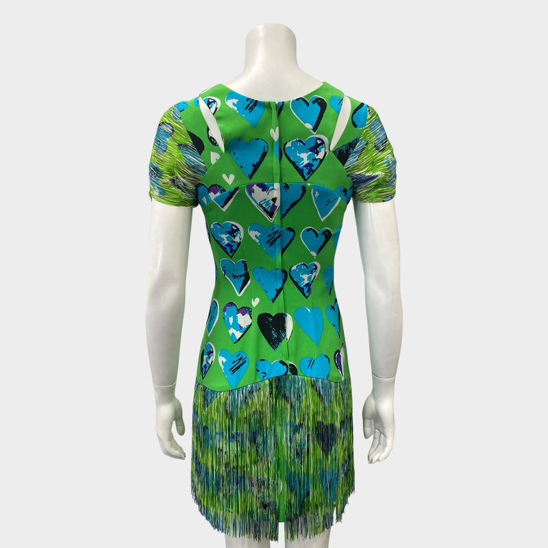 VERSACE X H&M green and blue heart print fringed silk mini dress