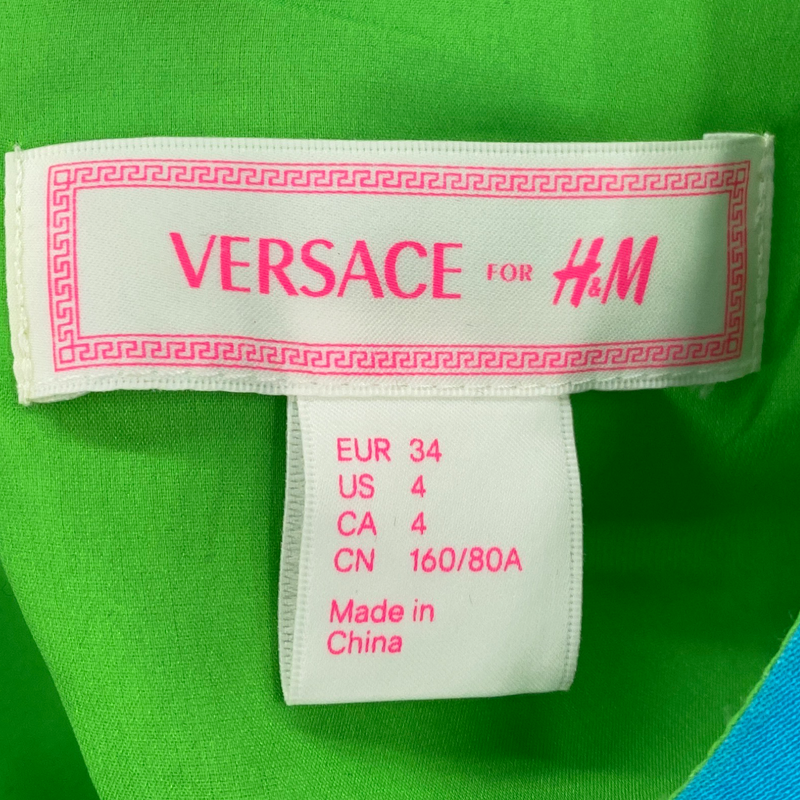 VERSACE X H&M green and blue heart print fringed silk mini dress