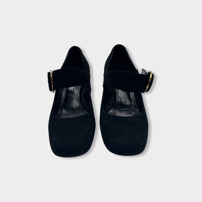 pre-owned PRADA black suede Mary Jane heels | Size EU38.5 UK5.5