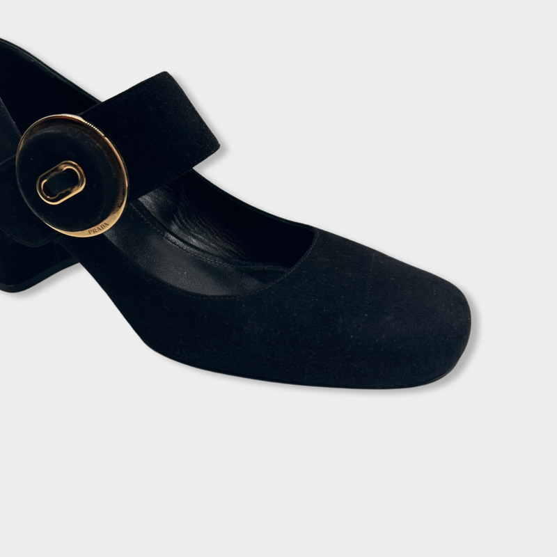 second-hand PRADA black suede Mary Jane heels | Size EU38.5 UK5.5