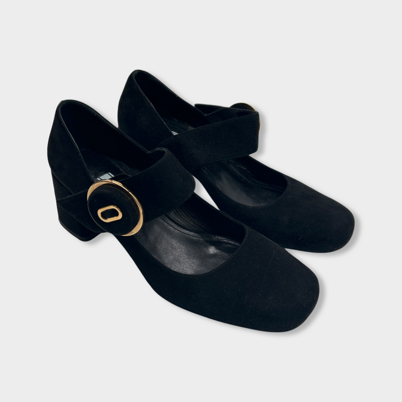 PRADA black suede Mary Jane heels