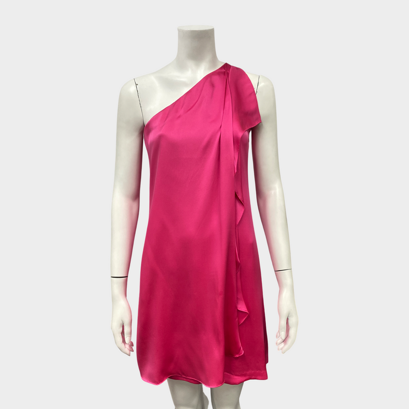 HALSTON HERITAGE fuchsia silk one-shoulder dress