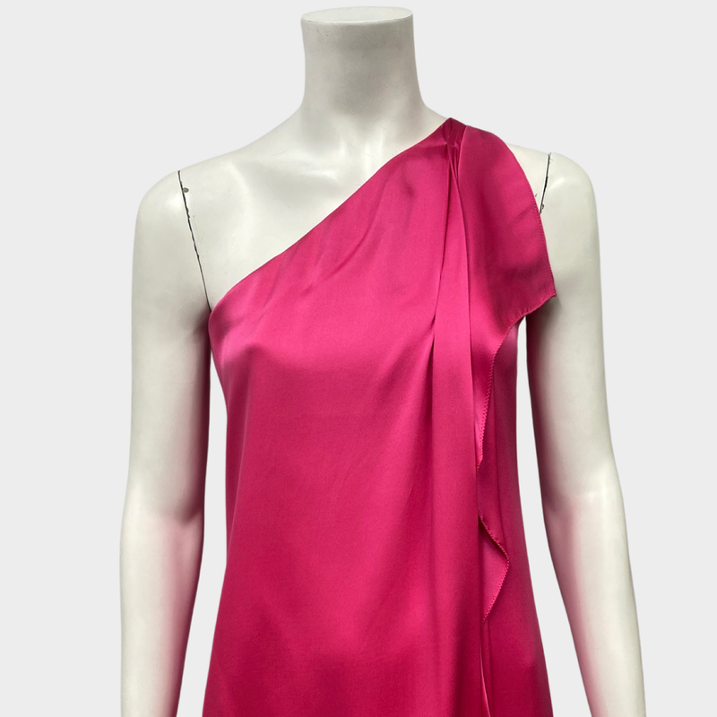 HALSTON HERITAGE fuchsia silk one-shoulder dress