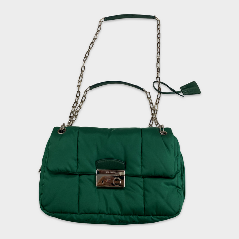 Prada Women's Green Nylon 'Tessuto Bomber' Handbag With Silver Chain