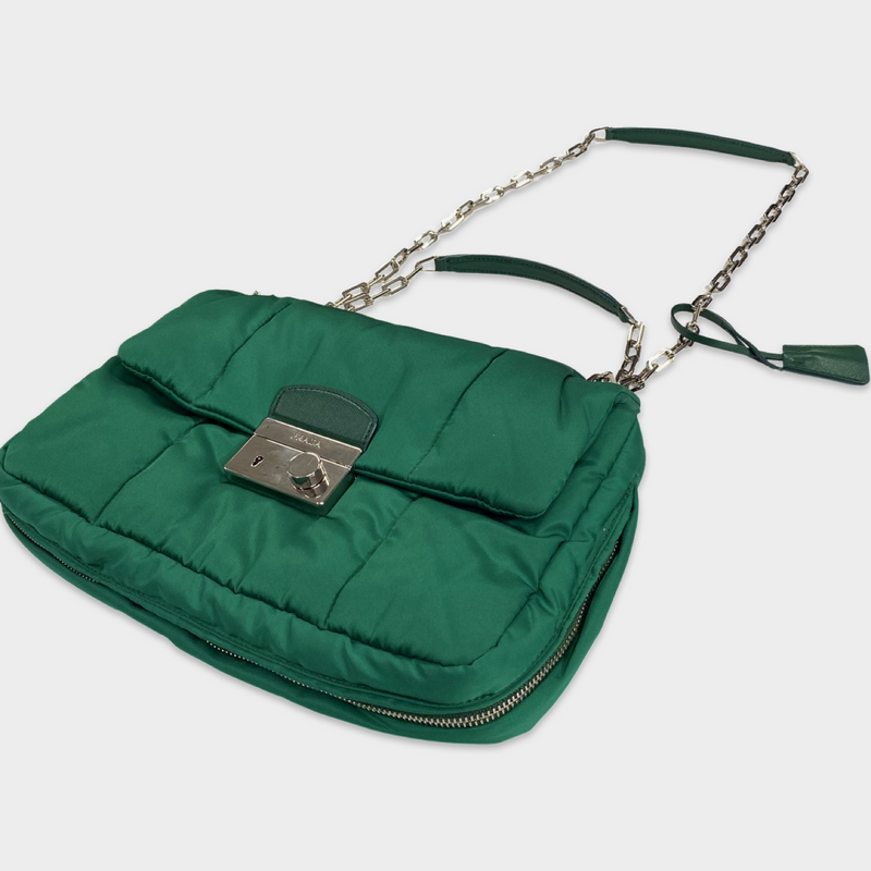 Prada Women's Green Nylon 'Tessuto Bomber' Handbag With Silver Chain