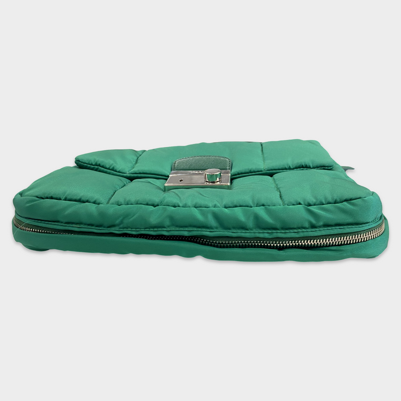 Prada Women's Green Nylon 'Tessuto Bomber' Handbag With Silver Chain