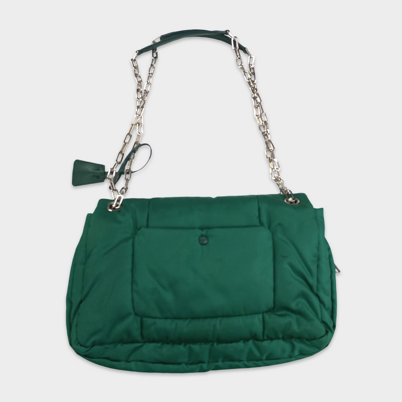 Prada Women's Green Nylon 'Tessuto Bomber' Handbag With Silver Chain