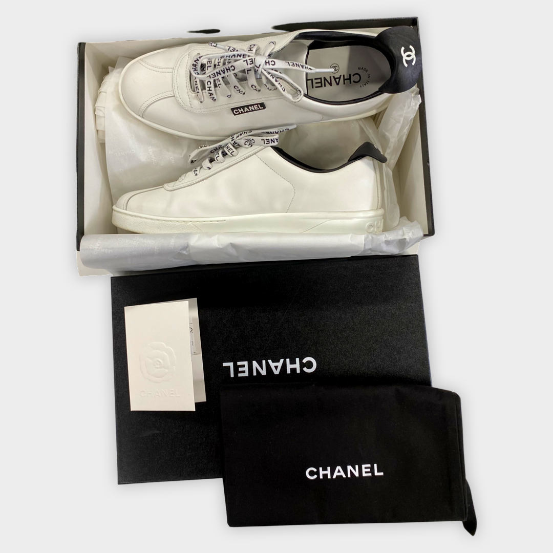 Chanel Women's Black and White Monogram Shoelace Sneakers – Loop Generation