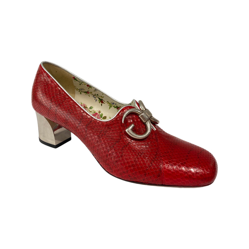 pre-owned GUCCI red python leather heeled loafers | Size 39.5