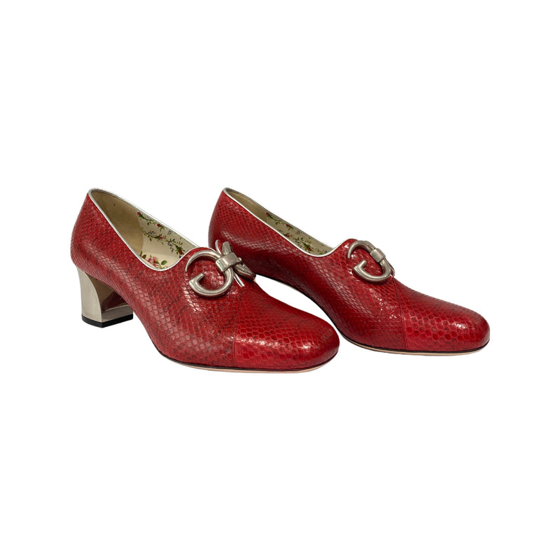 pre-loved GUCCI red python leather heeled loafers | Size 39.5