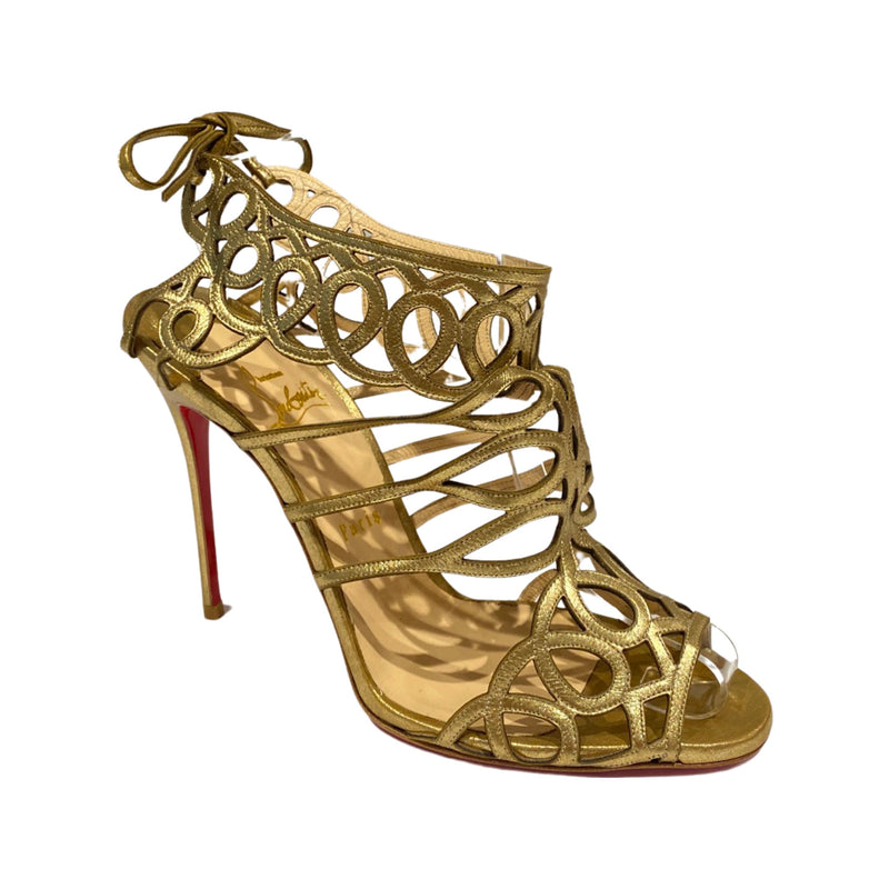 pre-owned CHRISTIAN LOUBOUTIN gold sandal heels | Size 40.5
