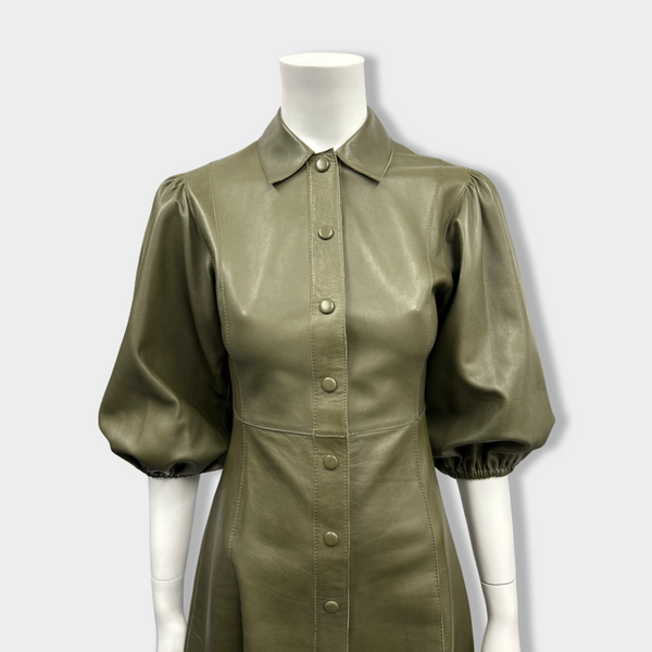pre-owned GANNI green leather mini dress | Size FR34