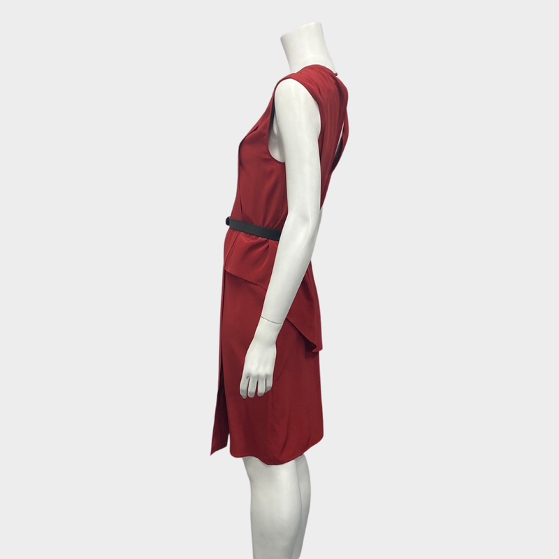 Belstaff Red Silk Sleeveless Dress With Black Belt