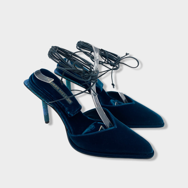 second-hand TAMARA MELLON blue and green velvet sandal heels with rhinestones | Size 39.5