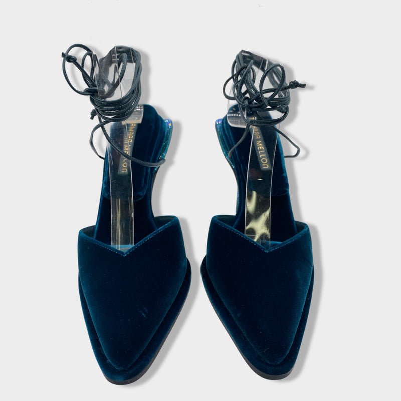 TAMARA MELLON blue and green velvet sandal heels with rhinestones